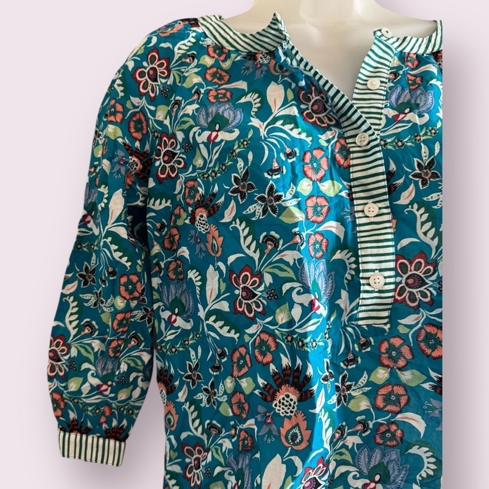 Talbots Blue Floral Popover Blouse 3/4 Sleeve Band Collar Petite S - Picture 7 of 8